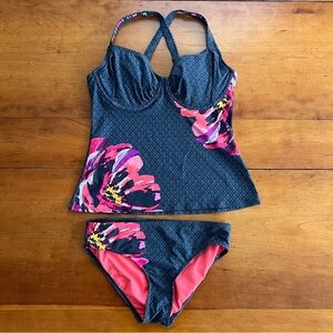 Title Nine Women's 36 E(DD) Tankini Performance Swim Suit Gray and Orange Floral